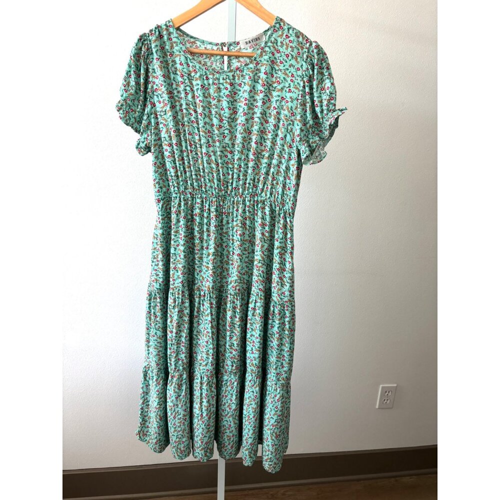 Floral Dress L Tiered Pockets Midi Puff Sleeve Cottagecore Casual Boho Fairycore - Picture 2 of 10